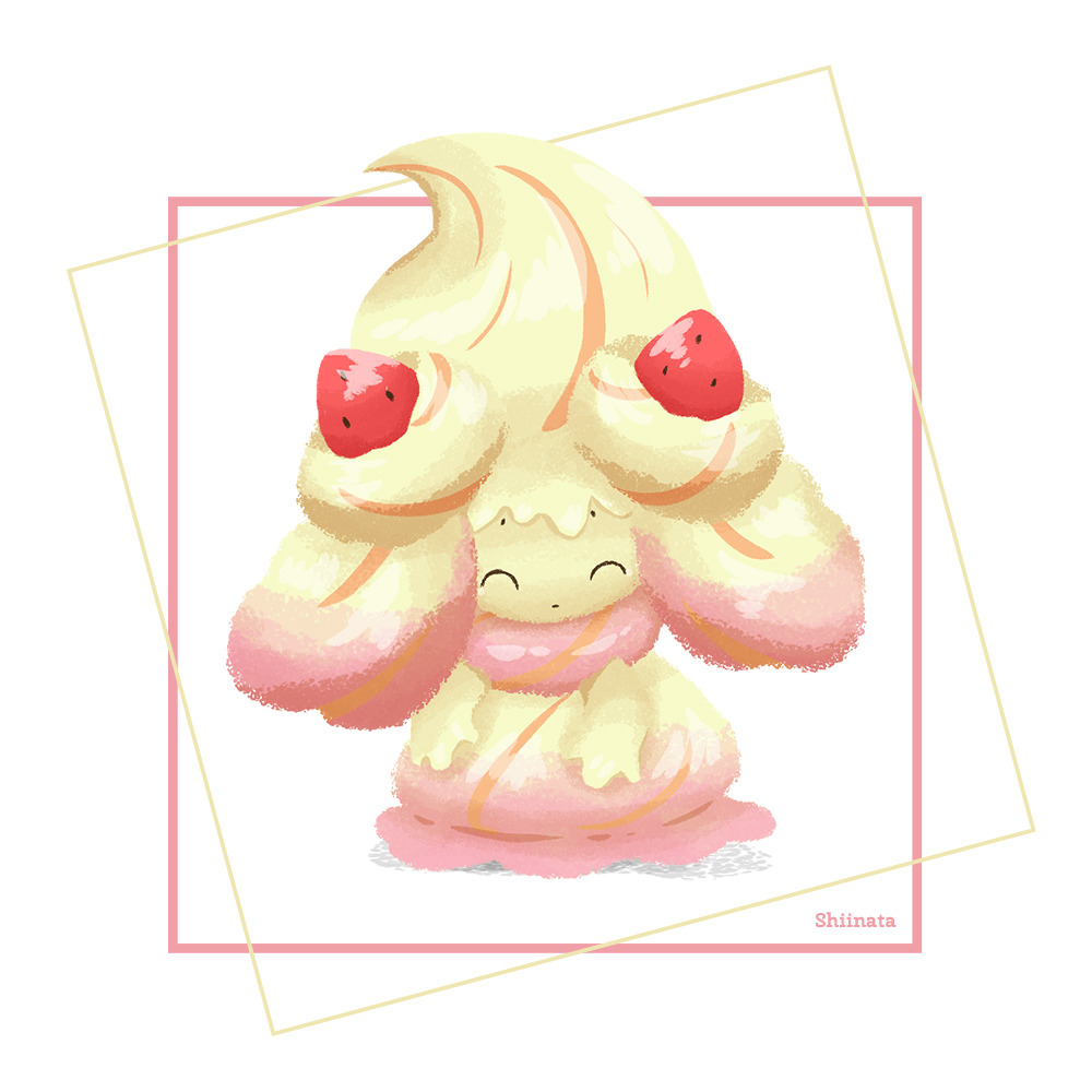 ^_^ alcremie alcremie_(ruby_swirl) alcremie_(strawberry_sweet) closed_eyes creature facing_viewer food fruit full_body gen_8_pokemon nintendo no_humans pokemon pokemon_(creature) shiinata signature simple_background solo standing strawberry white_background