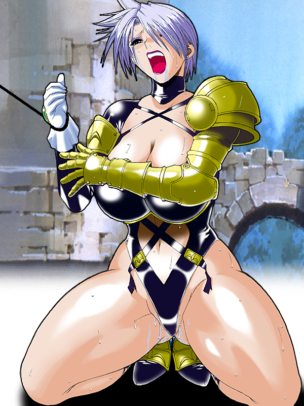 1girl armor breasts cleavage gloves isabella_valentine kinoko_allstars kneeling large_breasts namco open_mouth pussy_juice short_hair soul_calibur soulcalibur_i sweat very_short_hair