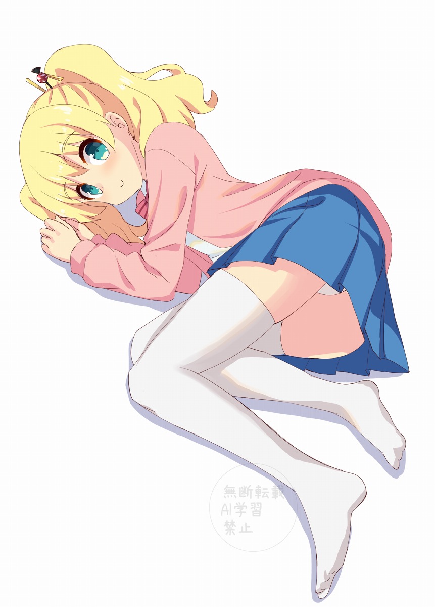 1girl alice_cartelet blonde_hair blue_eyes blue_skirt closed_mouth dot_nose female_focus full_body hair_ornament hibikahb highres kin-iro_mosaic long_hair long_sleeves looking_at_viewer lying no_shoes open_clothes open_sweater panties pink_sweater shirt simple_background skirt smile solo sweater thighhighs underwear white_background white_panties white_shirt white_thighhighs