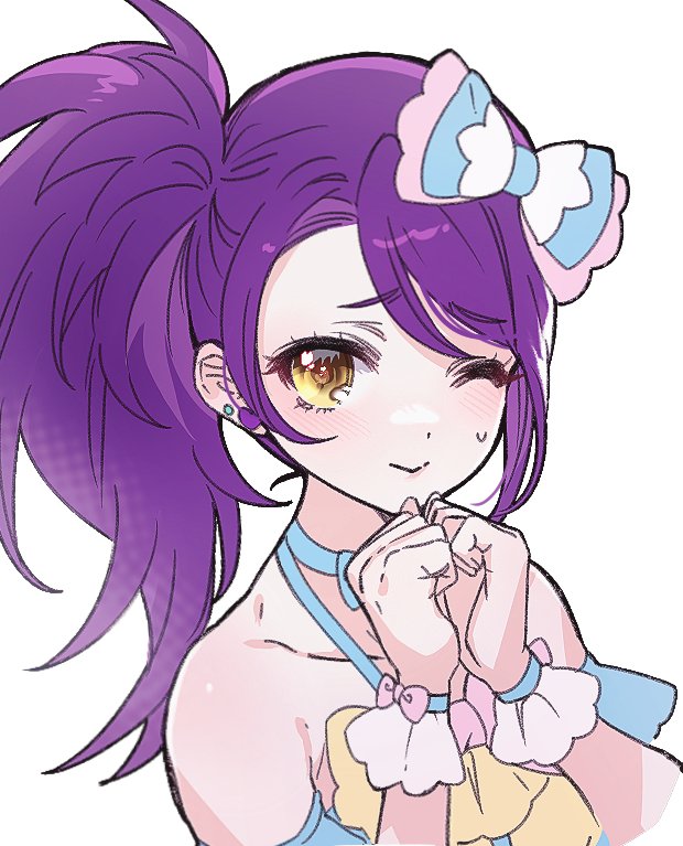 1girl ;) bare_shoulders bow chuu0105 closed_mouth commentary_request earrings hair_bow hands_up jewelry korean_commentary long_hair looking_at_viewer one_eye_closed own_hands_together pretty_series pripara purple_hair side_ponytail simple_background smile solo sweatdrop toudou_shion upper_body white_background wrist_cuffs yellow_eyes