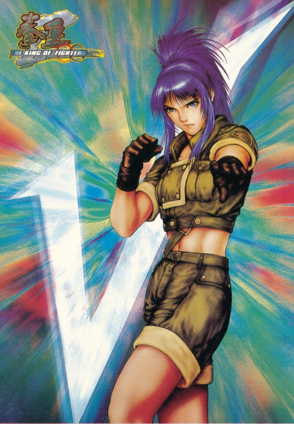 1girl andy_seto blue_eyes blue_hair crop_top female_focus gloves highres leona_heidern long_hair matching_hair/eyes metal_slug midriff official_art ponytail shorts snk solo the_king_of_fighters