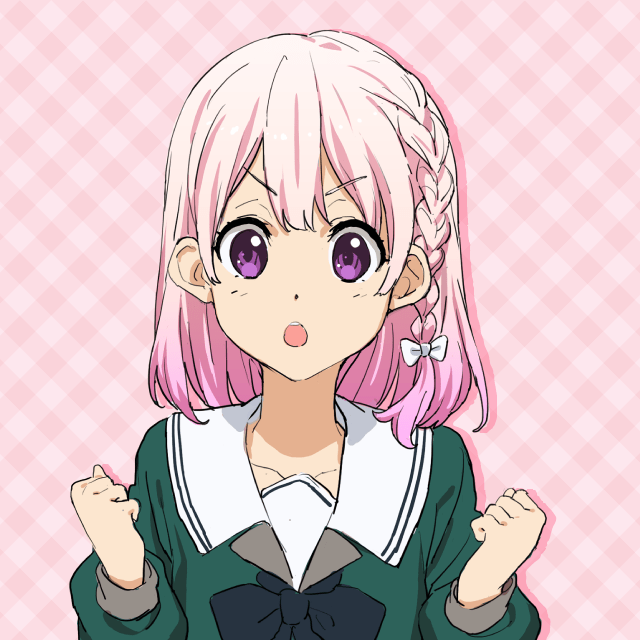 1girl 22/7 22/7_ongaku_no_jikan :o black_bow black_bowtie bow bowtie braid clenched_hands drop_shadow green_shirt hair_bow long_sleeves looking_at_viewer medium_hair official_art open_mouth pink_background pink_hair portrait purple_eyes rokubanchou_school_uniform sailor_collar school_uniform serafuku shirt side_braid single_braid solo straight-on teeth upper_teeth_only v-shaped_eyebrows w_arms white_bow white_sailor_collar winter_uniform yashiro_hikari