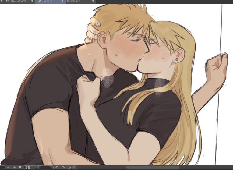 1boy 1girl art_program_in_frame black_shirt blonde_hair blue_eyes blush breasts closed_eyes clothes_pull collar_tug earrings french_kiss from_side fullmetal_alchemist hand_on_another&#039;s_head hand_on_wall heavy_breathing hetero jean_havoc jewelry kiss leaning_forward long_hair lowered_eyelids pulling riza_hawkeye shirt short_hair short_sleeves simple_background sketch stud_earrings sweat sweatdrop theo_(tomochingus) tight_clothes tight_shirt turtleneck upper_body white_background