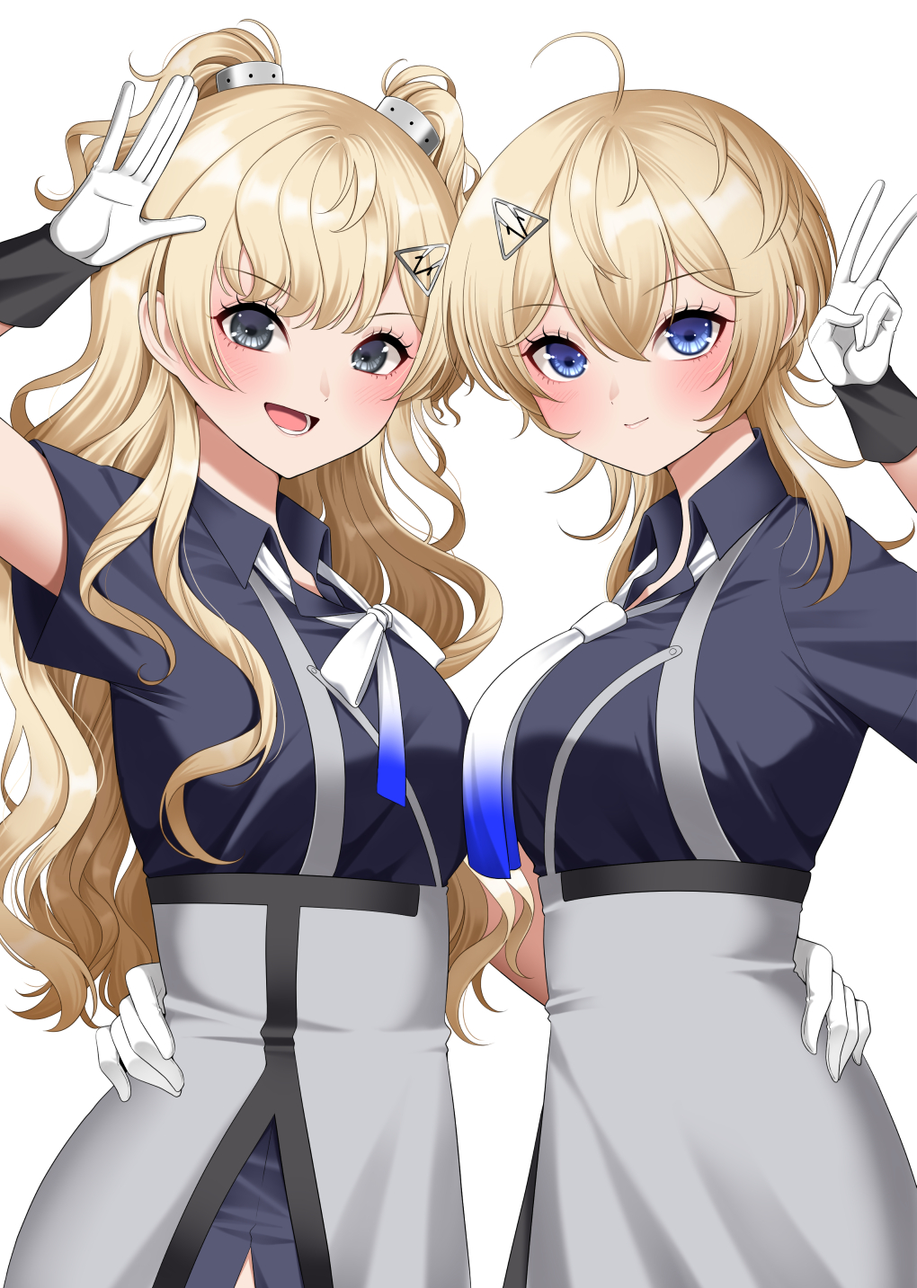 2girls apron blonde_hair blue_eyes blue_neckerchief blue_shirt breasts gloves gradient_neckerchief gradient_necktie grey_apron grey_eyes grey_necktie grey_overskirt hair_between_eyes hair_ornament hairclip hand_on_another&#039;s_waist highres hug kantai_collection large_breasts long_hair long_necktie looking_at_viewer medium_breasts medium_hair minneapolis_(kancolle) multiple_girls neckerchief necktie open_mouth overskirt shirt short_sleeves simple_background smile tuscaloosa_(kancolle) two-tone_gloves two_side_up v waist_hug wavy_hair white_background white_gloves yomogi_dango