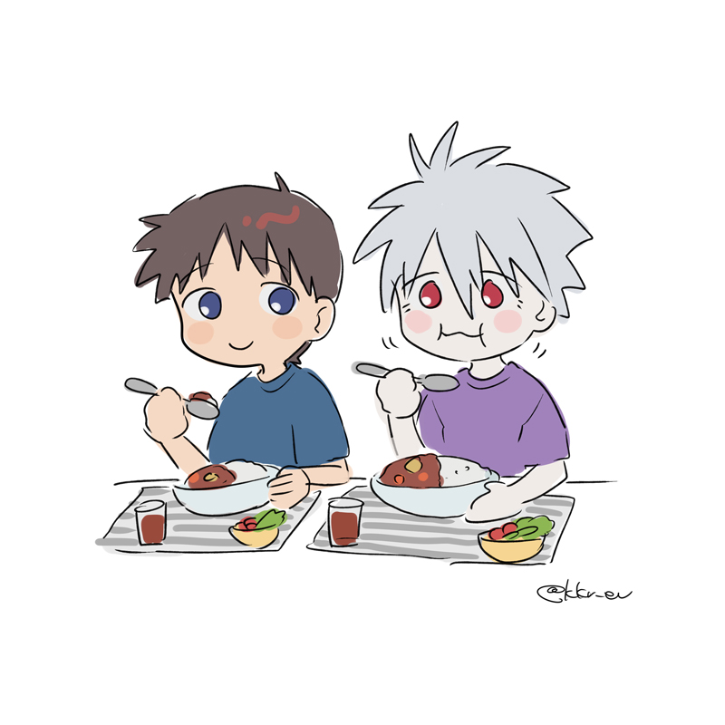 11kkr 2boys black_hair blue_eyes bowl chibi chibi_only cup dimples drinking_glass eating food grey_hair ikari_shinji male_focus multiple_boys nagisa_kaworu neon_genesis_evangelion red_eyes short_hair spoon white_background