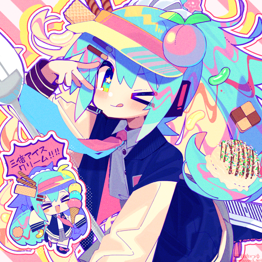 &gt;_&lt; &gt;_o 1girl aoi_tsuyu blue_hair blue_hat blush candy chibi chibi_inset closed_mouth collared_shirt colored_eyelashes cookie food grey_skirt hat hatsune_miku headset ice_cream jacket jelly_bean long_hair long_sleeves looking_at_viewer microphone necktie one_eye_closed open_clothes open_jacket outline peach_hat_ornament pink_necktie shime_parfaict_night_(vocaloid) shirt shoes skirt smile sneakers solo speech_bubble spoon star-shaped_pupils star_(symbol) symbol-shaped_pupils tongue tongue_out translation_request twitter_username v v_over_eye visor_cap vocaloid wafer wafer_stick watermark white_outline white_shirt