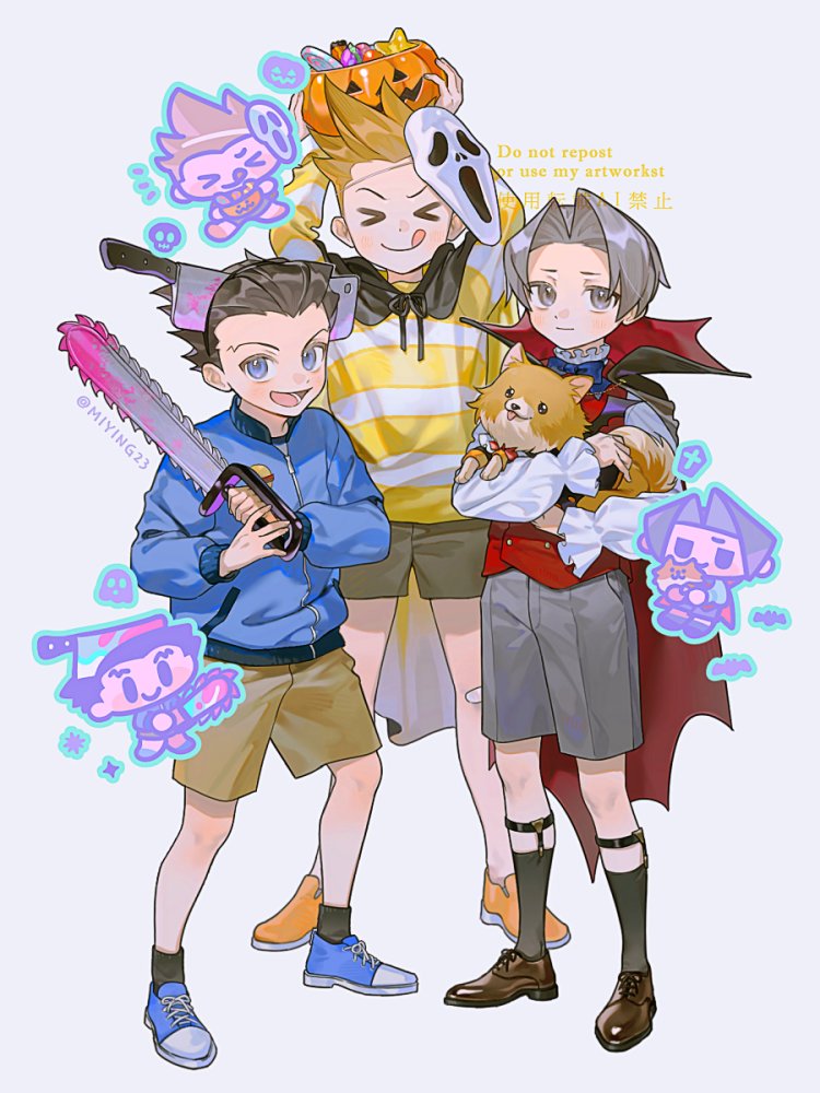 &gt;_&lt; 3boys ace_attorney aged_down animal arms_up bandaid bandaid_on_knee bandaid_on_leg basket black_cape black_hair black_ribbon black_socks blood blue_bow blue_bowtie blue_eyes blue_footwear blue_jacket bow bowtie brown_footwear brown_shorts cape chainsaw chibi chibi_inset cleaver dog full_body grey_background grey_eyes grey_hair grey_shorts halloween_bucket halloween_costume headband holding holding_animal holding_basket holding_chainsaw holding_dog horizontal-striped_clothes jacket larry_butz lower_teeth_only male_focus mask mask_on_head miles_edgeworth missile_(ace_attorney) miying_(ho_ru03_15) multiple_boys orange_shoes phoenix_wright pink_blood red_cape red_vest ribbon shirt shoes shorts simple_background smile socks spiked_hair striped_clothes striped_shirt teeth tongue tongue_out twitter_username two-sided_cape two-sided_fabric vest yellow_shirt zipper_pull_tab