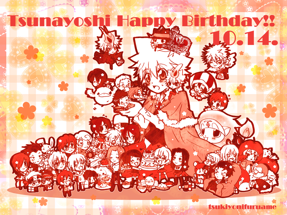 animal basilicum belphegor_(reborn) bianchi bird birthday black_hair blonde_hair box_weapon braid brown_hair byakuran cake chibi chikusa_kakimoto chrome_dokuro colonello dino_cavallone enma_kozato everyone facial_mark fire food fran_(reborn) fuuta gift glasses gokudera_hayato green_hair grey_hair hair_over_eyes heterochromia hibari_kyouya hibird i-pin irie_shouichi joushima_ken katekyo_hitman_reborn! lal_mirch lambo leviathan_(reborn) lion long_hair lussuria mammon_(umineko) miura_haru mohawk nuts_(reborn) ponytail reborn red_hair rokudou_mukuro sasagawa_kyoko sasagawa_ryohei sawada_nana short_hair spanner_(reborn!) stuffed_toy sunglasses superbi_squalo sweets uni_(reborn) giotto_(reborn) white_hair xanxus yamamoto_takeshi