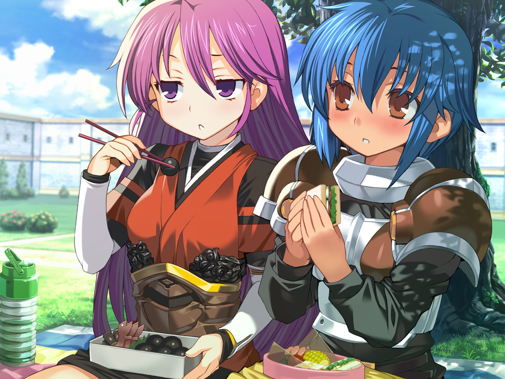 2girls armor bento blue_hair blush brown_eyes chopsticks eating food holding holding_food jitome kentou_kanami long_hair long_sleeves menad_shisei multiple_girls official_art pauldrons purple_eyes purple_hair rance_(series) rance_01 rance_03 rance_03_leazas_kanraku sandwich short_hair shoulder_armor sitting