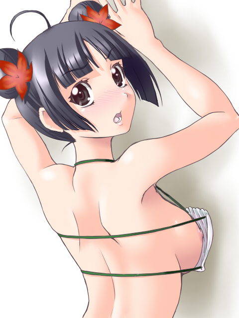 1girl ahoge alternate_hairstyle areola_slip armpits arms_up bikini black_hair breasts brown_eyes double_bun female_focus hair_bun hair_ornament halterneck jewelpet_(series) jewelpet_sunshine looking_back mizushiro_kanon nipple_slip nipples open_mouth shell shell_bikini sideboob solo yaso_shigeru