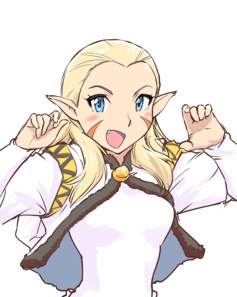 1girl :d blonde_hair blue_eyes blush facial_mark fang female_focus jacket jessica_de_alkirk long_hair looking_at_viewer lunar lunar:_the_silver_star open_mouth pointy_ears shirt simple_background smile solo ueyama_michirou upper_body white_background white_jacket white_shirt