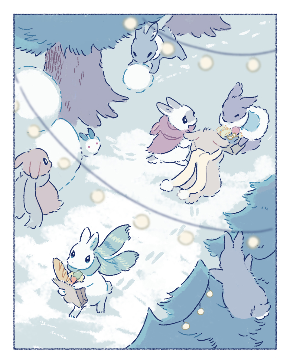 animal animal_ear_hood animal_ears animal_focus arms_up bag black_eyes black_fur blue_capelet blue_eyes border bread breadstick bright_pupils brown_fur capelet christmas closed_eyes day facing_away fake_animal_ears fir_tree food footprints fur-trimmed_capelet fur_trim green_scarf grey_fur grocery_bag highres holding holding_bag hood hooded_capelet in_tree looking_at_another no_humans original outdoors paper_bag rabbit red_capelet scarf shopping_bag sitting sitting_in_tree snow snow_rabbit snowball snowman string_lights striped_clothes striped_scarf tree white_fur white_scarf winter yellow_scarf yurano_(upao)