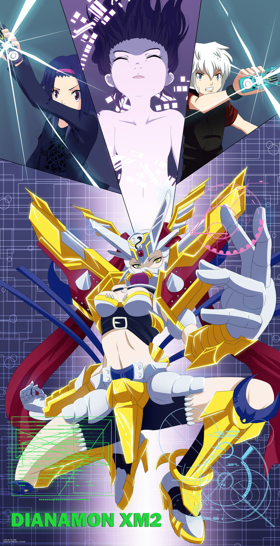 1boy 1girl alternate_form alternate_universe armor armored_gloves armpits arms_at_sides biomerge breasts closed_eyes collarbone completely_nude convenient_censoring determined dianamon digimon digimon_(creature) digimon_tamers digimon_xros_wars digivice energy epic eyelashes female_focus flat_chest floating_hair fusion hair_ornament looking_at_viewer mask matrix_evolution medium_hair mouth_mask navel neck no_nipples nude open_mouth original out-of-frame_censoring parted_lips purple_eyes purple_hair purple_theme shouting sidelocks small_breasts topless_female transformation unworn_clothes v-shaped_eyebrows white_hair