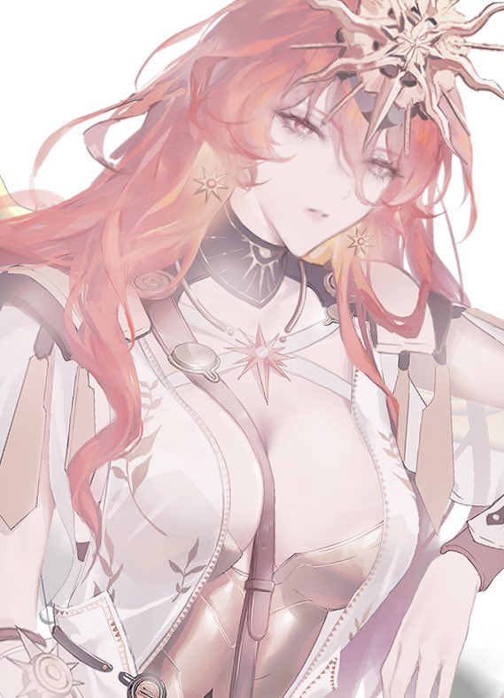 1girl ancient_greek_clothes armor augusta_(wuthering_waves) bare_shoulders black_collar breastplate breasts collar commentary earrings greco-roman_clothes headgear jewelry l_lp_q large_breasts orange_eyes parted_lips red_hair solo sun_earrings symbol-only_commentary upper_body white_background wuthering_waves