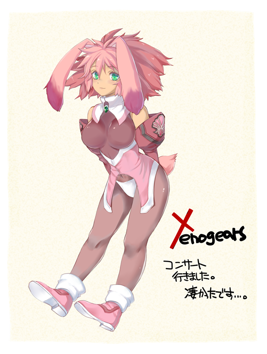 1girl ahoge animal_ears aqua_eyes bare_shoulders black_pantyhose blush bodystocking breasts collarbone covered_navel detached_sleeves eyes_visible_through_hair floppy_ears full_body gloves long_hair long_sleeves looking_at_viewer louis&amp;visee medium_breasts panties panties_over_pantyhose pantyhose pink_hair rabbit_ears rabbit_tail raised_eyebrows seraphita_(xenogears) shiny_clothes simple_background skin_tight smile solo tail turtleneck underwear white_gloves white_panties xenogears