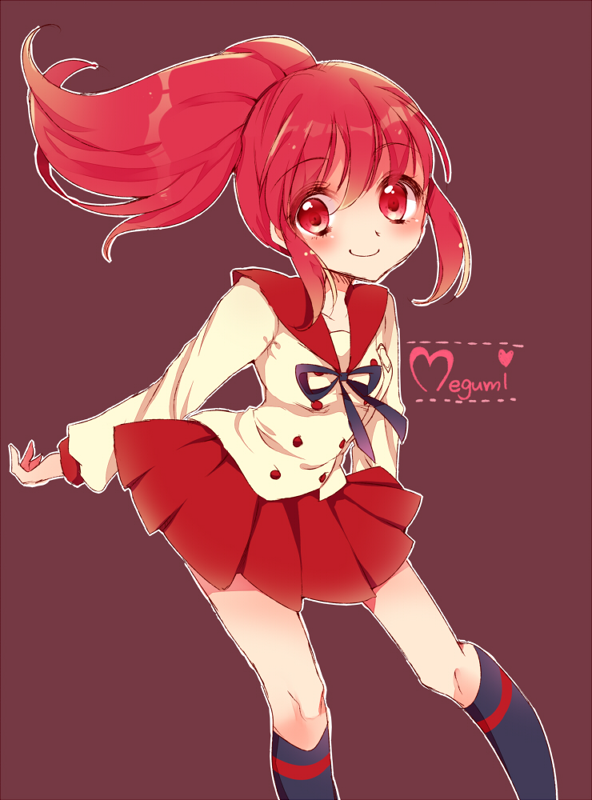 10s 1girl aino_megumi black_socks character_name cowboy_shot female_focus happinesscharge_precure! kneehighs long_hair looking_at_viewer ponytail precure purple_background red_eyes red_hair red_skirt school_uniform serafuku skirt smile socks solo uzuki_aki