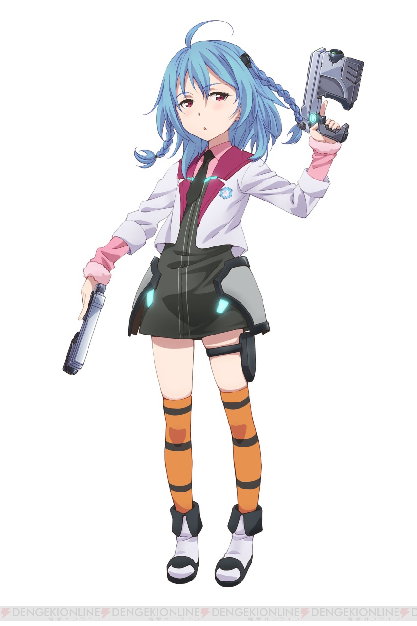 10s 1girl :o ahoge aqua_hair blush braid dengeki dual_wielding female_focus full_body gakusen_toshi_asterisk gun highres holding holster necktie official_art pink_eyes sasamiya_saya school_uniform skirt solo striped_legwear twin_braids weapon