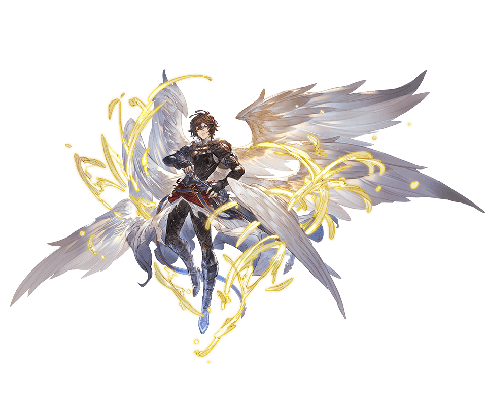 1boy ahoge armor belt bishounen boots breastplate brown_hair cape downscaled energy expressionless feathered_wings floating floating_cape full_body granblue_fantasy hair_between_eyes high_heel_boots high_heels holding holding_sword holding_weapon hood hood_down light_frown looking_at_viewer male_focus minaba_hideo multiple_wings official_art red_eyes resized sandalphon_(granblue_fantasy) scabbard sheath sword tachi-e transparent_background weapon white_cape white_wings wings