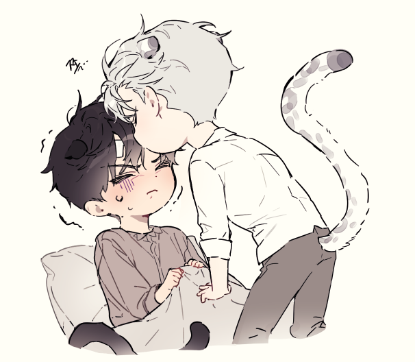 2boys animal_ears bandaid bandaid_on_face bandaid_on_forehead bed_sheet brown_shirt cat_boy cat_ears cat_tail closed_eyes collared_shirt grey_hair grey_pants ilay_riegrow jeong_taeui jinsimpunch kiss kissing_forehead korean_text long_sleeves male_focus motion_lines multiple_boys pants passion_(manhwa) pillow shirt short_hair simple_background snow_leopard_boy snow_leopard_ears snow_leopard_tail tail translation_request under_covers v-shaped_eyebrows white_background white_shirt yaoi
