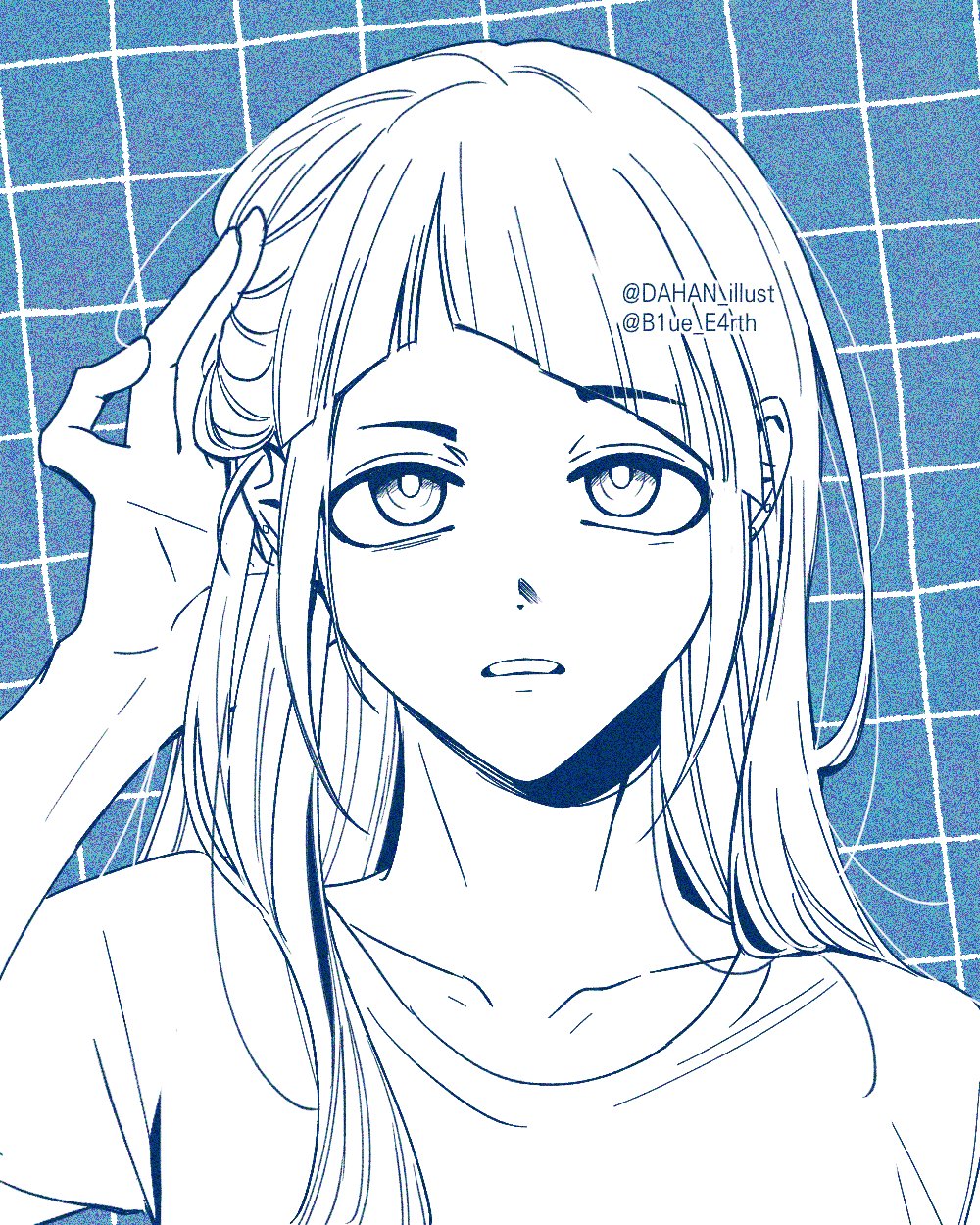 1girl adjusting_hair alternate_costume alternate_hairstyle b1ue_e4rth blue_theme commentary_request diagonal_bangs grid_background hair_down hand_on_own_head hand_up highres jasmine_(toshi_densetsu_kaitai_center) korean_commentary long_hair looking_at_viewer monochrome shirt solo t-shirt toshi_densetsu_kaitai_center upper_body