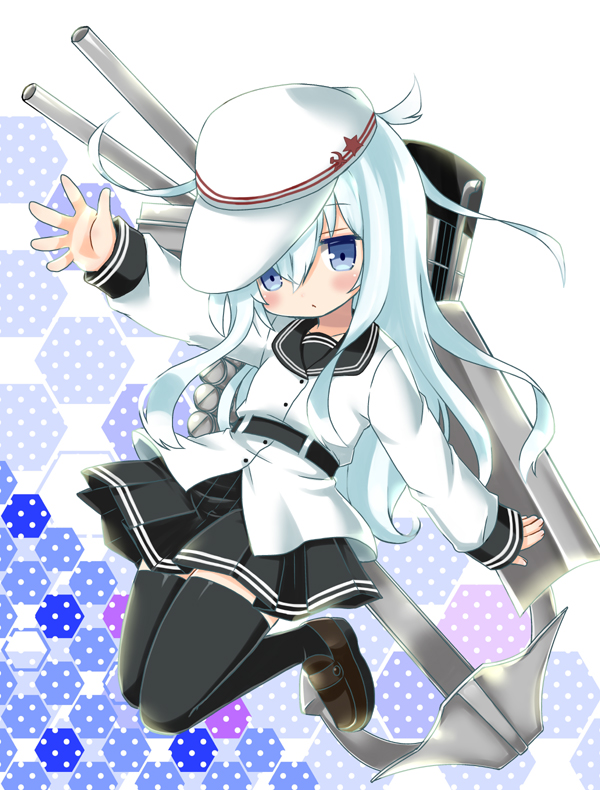 1girl anchor black_sailor_collar black_skirt black_thighhighs blue_eyes blush closed_mouth commentary flat_cap hammer_and_sickle hat hibiki_(kancolle) jacket kantai_collection loafers long_hair long_sleeves looking_at_viewer pleated_skirt rigging rikaon sailor_collar shield shoes simple_background skirt solo star_(symbol) thighhighs verniy_(kancolle) white_hair white_hat white_jacket