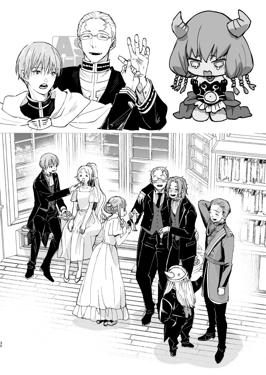 3girls 5boys artist_logo aura_(sousou_no_frieren) bookshelf commentary_request demon_girl demon_horns dress drunk eisen_(sousou_no_frieren) elf fake_horns fern_(sousou_no_frieren) formal_clothes frieren greyscale heiter helmet highres himmel_(sousou_no_frieren) horned_helmet horns indoors jacket logo long_sleeves mikki_(asmp) monochrome multiple_boys multiple_girls pants pointy_ears scar scar_on_face sein_(sousou_no_frieren) shoes sousou_no_frieren stark_(sousou_no_frieren) suit