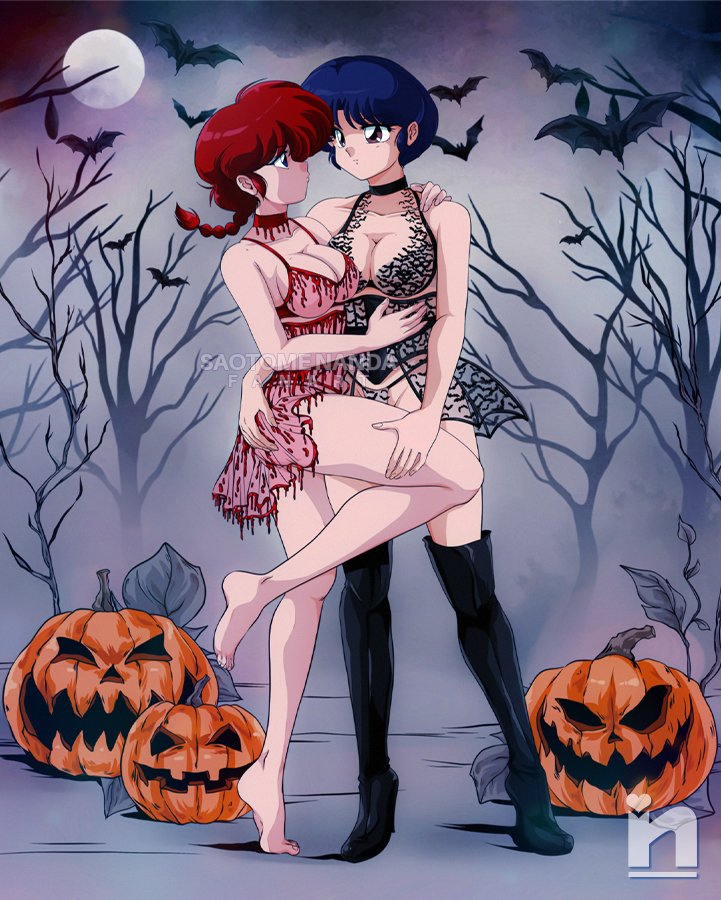 2girls bat_(animal) blue_hair boots breasts commission couple grabbing_another&#039;s_ass groping halloween legs moon multiple_girls night ponytail ranma-chan ranma_1/2 red_hair saotome_nanda short_hair tendou_akane tree yuri