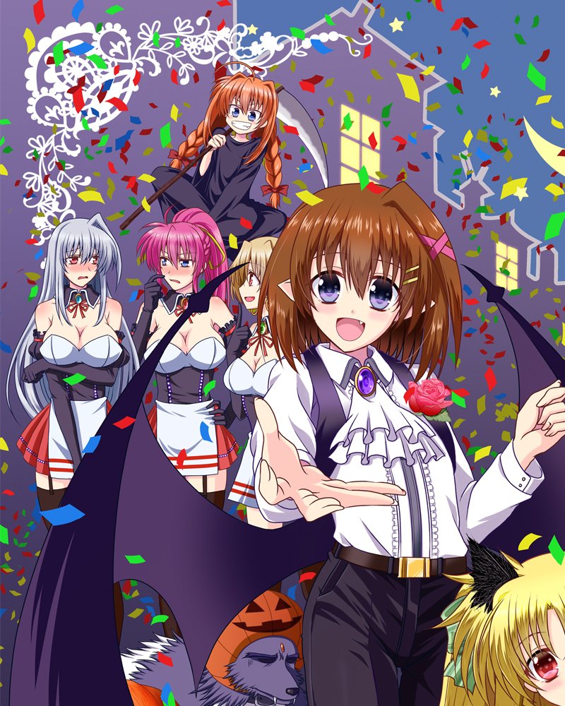 6+girls :d animal_ears ascot belt black_belt black_coat black_dress black_gloves black_pants black_wings blonde_hair blue_eyes blush braid breasts brooch brown_hair cat_ears cleavage coat confetti demon_wings detached_collar dirndl dress dress_shirt elbow_gloves fang fate_testarossa floating frown german_clothes gloves hair_ornament hair_ribbon halloween halloween_costume holding holding_staff jack-o&#039;-lantern jewelry kiriya_(aprikose_0312) large_breasts long_dress long_hair long_sleeves looking_at_another looking_at_viewer low_twintails low_wings lyrical_nanoha mahou_shoujo_lyrical_nanoha mahou_shoujo_lyrical_nanoha_a&#039;s multiple_girls open_mouth pants peeking_out pleated_dress pointy_ears ponytail pumpkin_hat purple_hair reaching reaching_towards_viewer red_eyes red_ribbon reinforce_zwei ribbon shamal shirt short_dress short_hair signum silver_hair single_hair_intake smile staff standing strapless strapless_dress twin_braids twintails vampire_costume vita_(nanoha) white_shirt wing_collar wings x_hair_ornament yagami_hayate zafira