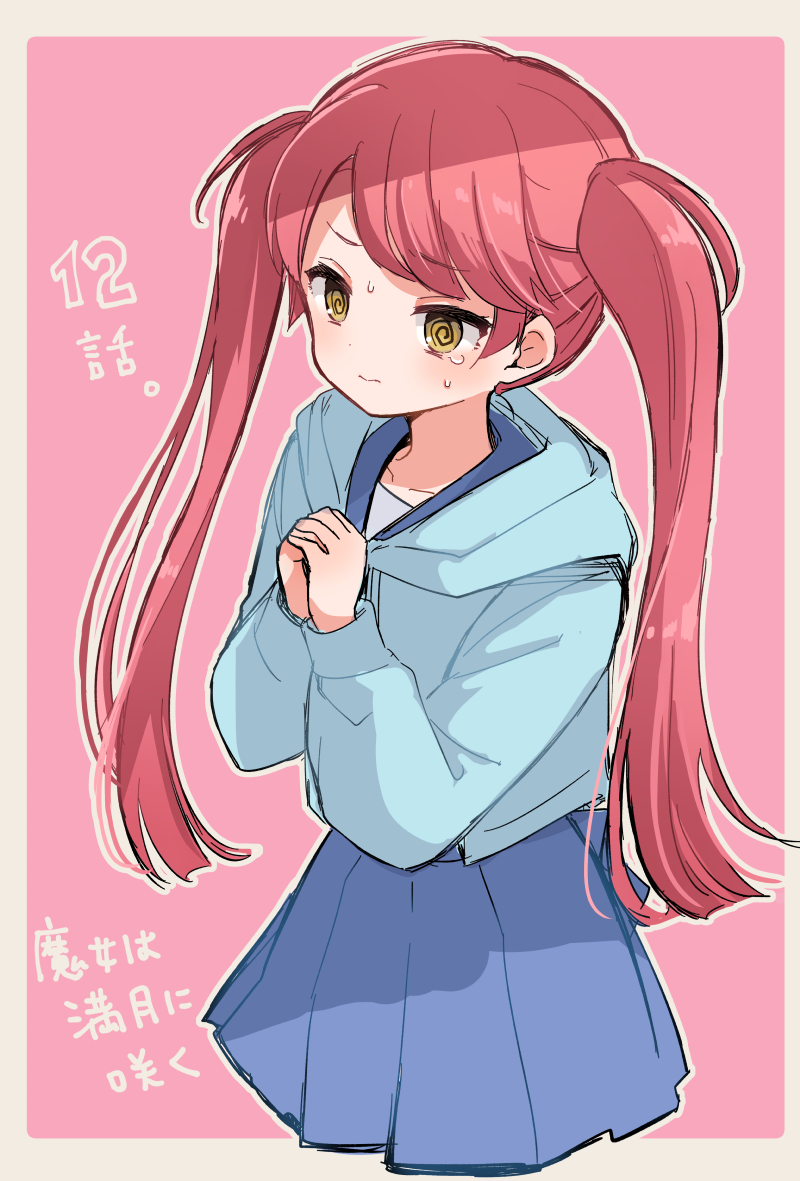1girl blue_dress blue_jacket border collarbone dress hara_yui jacket long_hair looking_to_the_side majo_wa_mangetsu_ni_saku no_nose own_hands_together pink_background red_hair solo sweat twintails white_border yellow_eyes