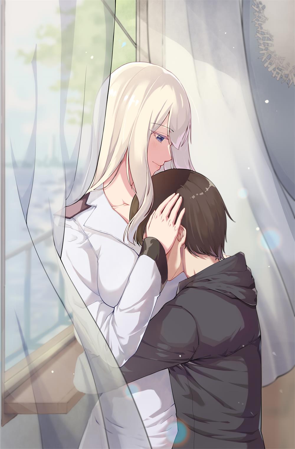 1boy 1girl between_breasts black_hoodie blue_eyes breast_smother breasts brown_hair collarbone curtains face_to_breasts hand_on_another&#039;s_head head_between_breasts head_on_chest highres hood hoodie indoors jacket large_breasts lexington_(warship_girls_r) long_sleeves platinum_blonde_hair smile standing warship_girls_r white_jacket window xiao_shei..