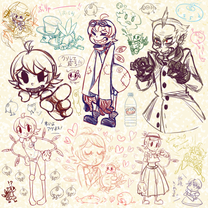 !? 2boys 2girls :p ahoge avery_(skullgirls) bandages black_eyes bottle chibi chibi_inset child closed_eyes crossed_arms dr_avian_(skullgirls) dress english_text formal_clothes frown george_the_bomb gloves goggles grin hands_on_own_hips hat heart hive_(skullgirls) kiss knife leduc_(skullgirls) lenny_the_bomb long_sleeves mechanical_arms multiple_boys multiple_girls name_connection navel o3o oversized_clothes panties peacock_(skullgirls) pun red_eyes ribbon rt-sy sketch skullgirls sleeves_past_wrists smile spot_color tongue tongue_out top_hat torn_clothes translation_request underwear unworn_hat unworn_headwear weapon