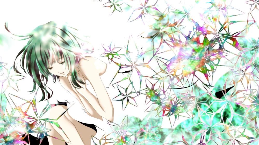 1girl abstract_background aonoe bad_id bad_pixiv_id bare_shoulders closed_eyes crying grey_hair gumi hair_between_eyes hand_on_own_chest kneeling own_hands_together short_hair solo surreal tears vocaloid white_background