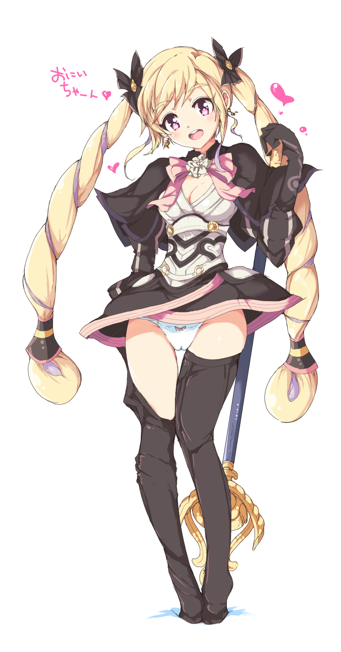 1girl armor bad_id bad_pixiv_id black_gloves black_thighhighs blonde_hair boots bow bow_panties breasts cameltoe cleavage drill_hair earrings echizen_(hvcv) elise_(fire_emblem) fire_emblem fire_emblem_fates flower gloves hair_ribbon heart highres jewelry nintendo panties purple_eyes ribbon rose staff thigh_boots thighhighs translated twin_drills twintails underwear white_flower white_panties white_rose