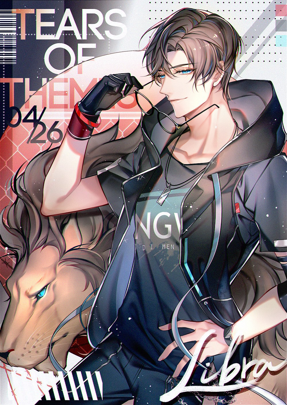 1boy artem_wing_(tears_of_themis) barcode belt_chain black_background black_gloves black_jacket black_pants black_shirt blue_eyes blue_shirt brown_hair chinese_commentary closed_mouth collarbone copyright_name cowboy_shot curtained_hair dated dog_tags drawstring elbow_pads glasses gloves hand_on_own_hip hand_up highres holding holding_removed_eyewear hood hood_down hooded_jacket jacket light_particles lion looking_at_viewer male_focus open_clothes open_jacket pants parted_bangs print_shirt red_background s_(olath) shirt short_hair short_sleeves sideways_glance single_elbow_pad single_glove sleeveless sleeveless_jacket smile solo standing t-shirt tears_of_themis two-tone_shirt unworn_eyewear watch white_background wristband wristwatch