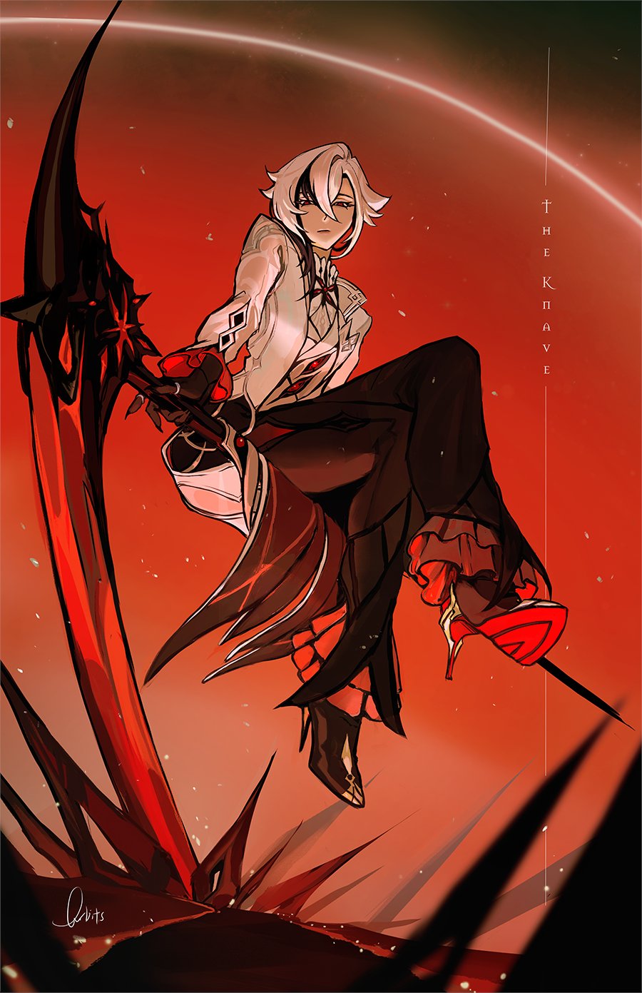 1girl arlecchino_(genshin_impact) black_pants crossed_legs expressionless genshin_impact high_heels highres holding holding_scythe holding_weapon long_hair looking_at_viewer looking_down on_weapon pants qrbits red_eyes red_theme scythe sitting solo unconventional_broom weapon white_hair