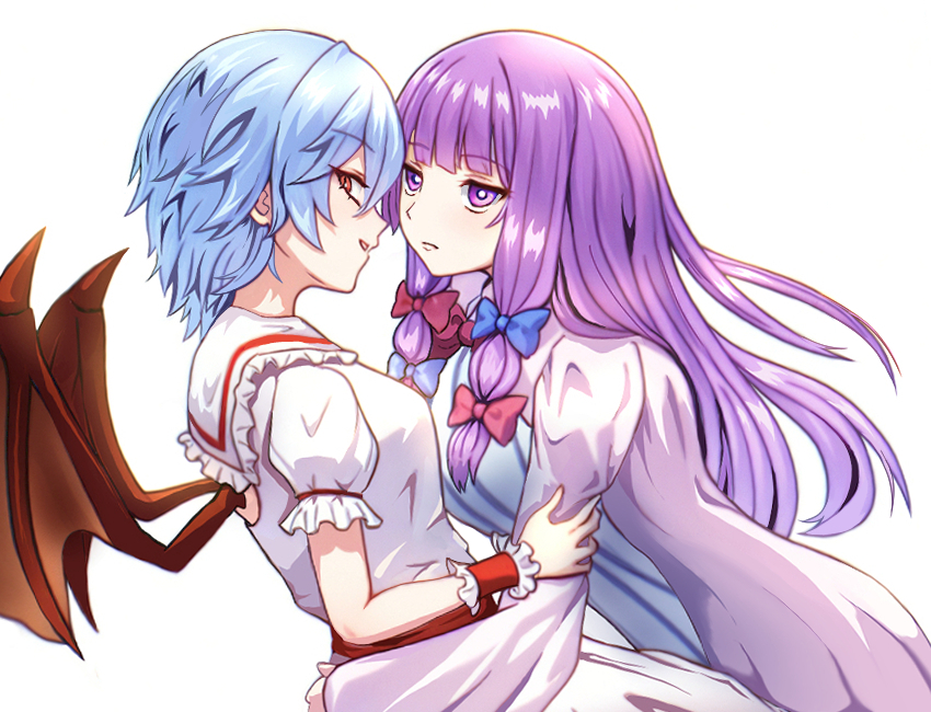 2girls bat_wings blue_bow blue_hair bow breasts commentary_request dress frills grin hair_between_eyes hair_bow holding_another&#039;s_arm long_hair long_sleeves looking_at_viewer medium_breasts merihari07 multiple_girls open_mouth patchouli_knowledge puffy_short_sleeves puffy_sleeves purple_eyes purple_hair red_bow red_eyes red_wings remilia_scarlet shirt short_hair short_sleeves simple_background skirt skirt_set smile striped_clothes striped_dress touhou vertical-striped_clothes vertical-striped_dress white_background white_shirt white_skirt wings wrist_cuffs yuri