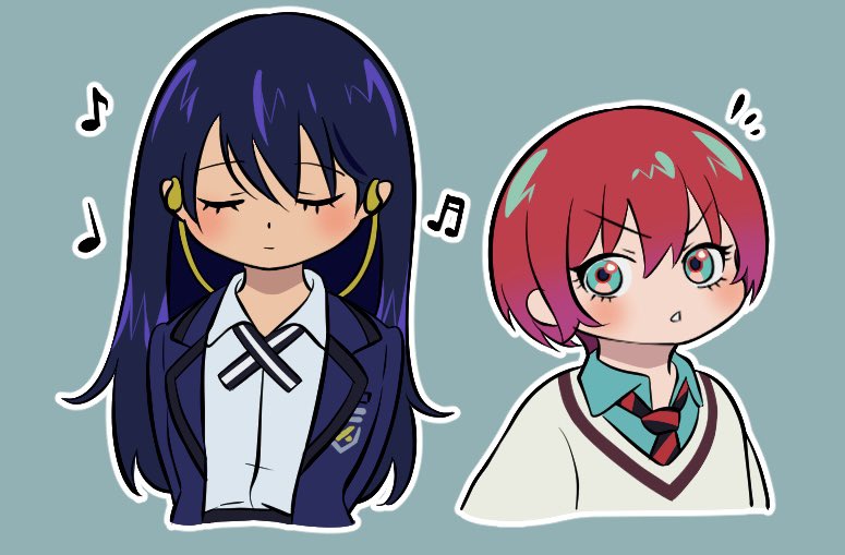 2girls amate_yuzuriha aqua_eyes aqua_shirt black_hair closed_eyes closed_mouth gundam gundam_gquuuuuux headphones jacket listening_to_music long_hair long_sleeves multiple_girls myu_myu_sun necktie nyaan_(gundam_gquuuuuux) red_hair school_uniform shirt short_hair simple_background skirt sweater upper_body