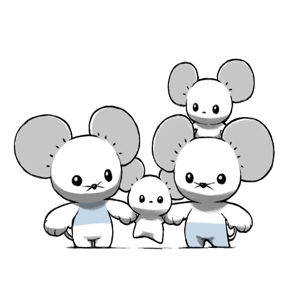 animal_focus blacknirrow full_body holding_hands maushold maushold_(family_of_four) mouse_(animal) nintendo no_humans on_head pokemon pokemon_(creature) pokemon_focus pokemon_on_head simple_background standing white_background