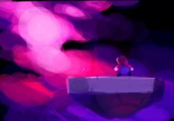 1boy black_sky blue_overalls brown_footwear darkness floating_island gigi_d.g. gloves hat lowres male_focus mario mario_(series) nintendo overalls pink_sky purple_sky red_hat red_sky sky solo source_request super_mario_64 white_gloves