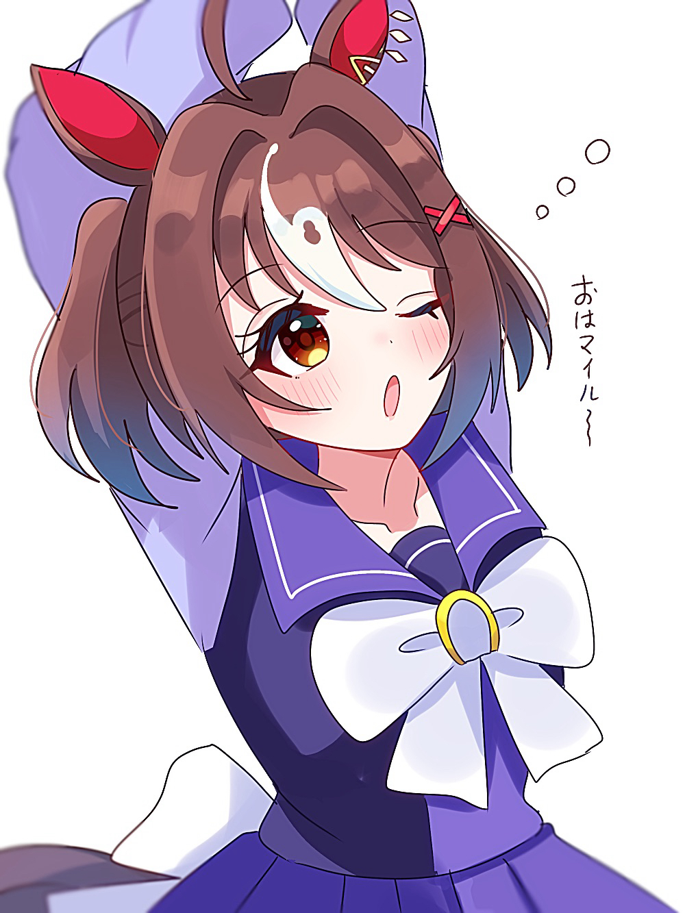 1girl ahoge animal_ears arms_up blush breasts brown_eyes brown_hair collarbone commentary_request gran_alegria_(umamusume) hair_between_eyes hair_ornament highres horse_ears horse_girl looking_at_viewer medium_breasts medium_hair school_uniform shiroiro_obake solo tracen_school_uniform umamusume white_background x_hair_ornament