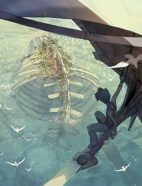 aircraft androgynous bird commentary earrings english_commentary flying from_above gender_request glider gloves jewelry ocean original partially_submerged scenery seagull short_hair skeleton solo_focus ver_(verface) wrench