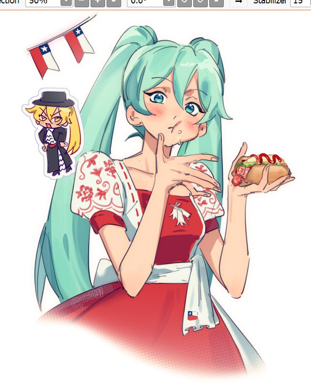 2girls akita_neru blonde_hair blue_eyes blue_hair chile chilean_flag eating hatsune_miku hot_dog huasa multiple_girls pam0537 ponytail twintails vocaloid worldwide_miku yellow_eyes