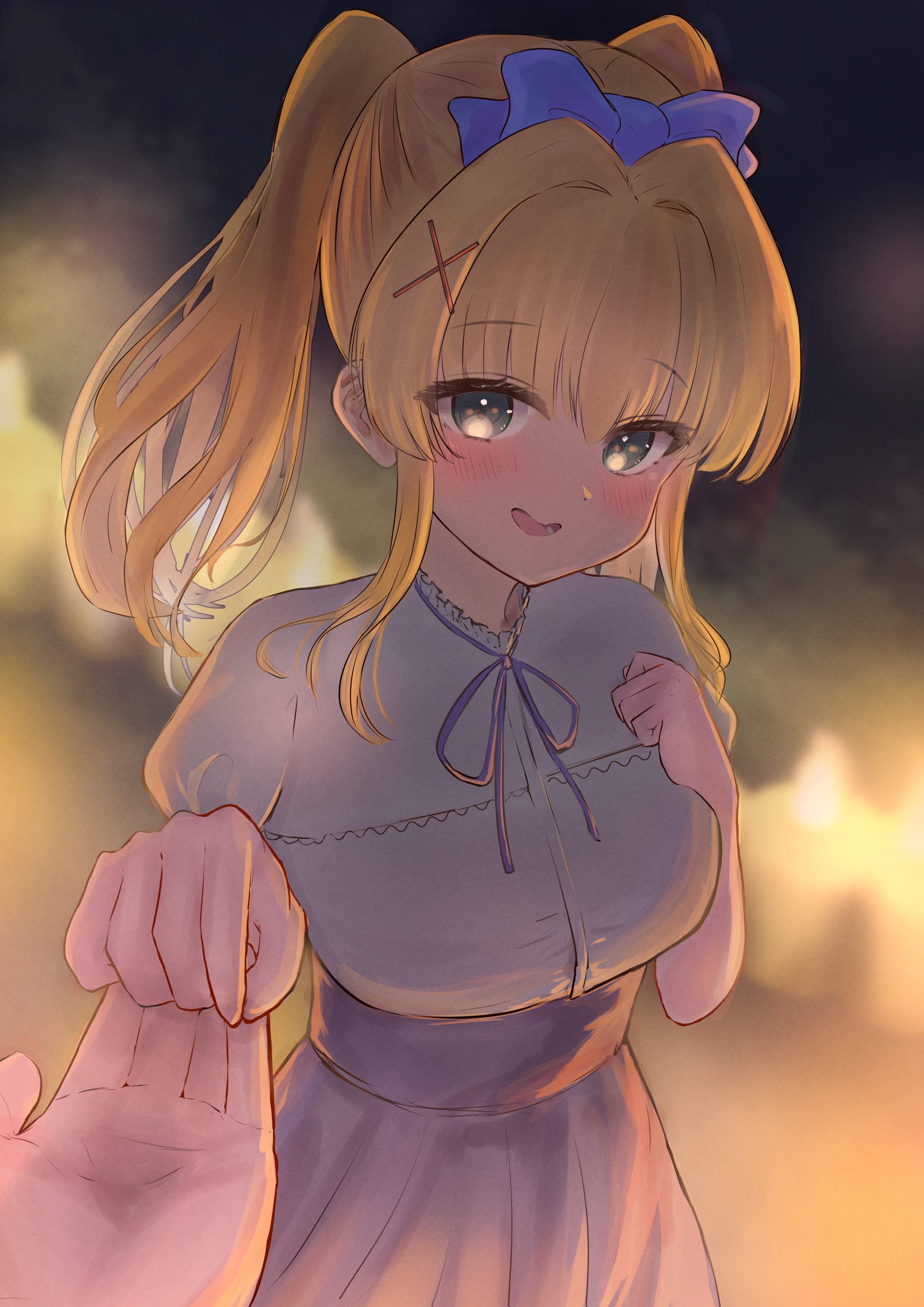 1girl 1other absurdres backlighting blonde_hair blue_bow blue_ribbon blue_skirt blurry blurry_background blush bow candle clenched_hand commentary_request cowboy_shot eyelashes eyes_visible_through_hair green_eyes hair_between_eyes hair_bow hair_intakes hair_ornament hands_up happy high-waist_skirt highres holding_hands kokoroofiscream long_hair looking_at_viewer lower_teeth_only neck_ribbon night official_alternate_costume open_mouth outdoors pov pov_hands ribbon shirt sidelocks skirt smile solo_focus summer_pockets teeth tsumugi_wenders twintails white_shirt x_hair_ornament