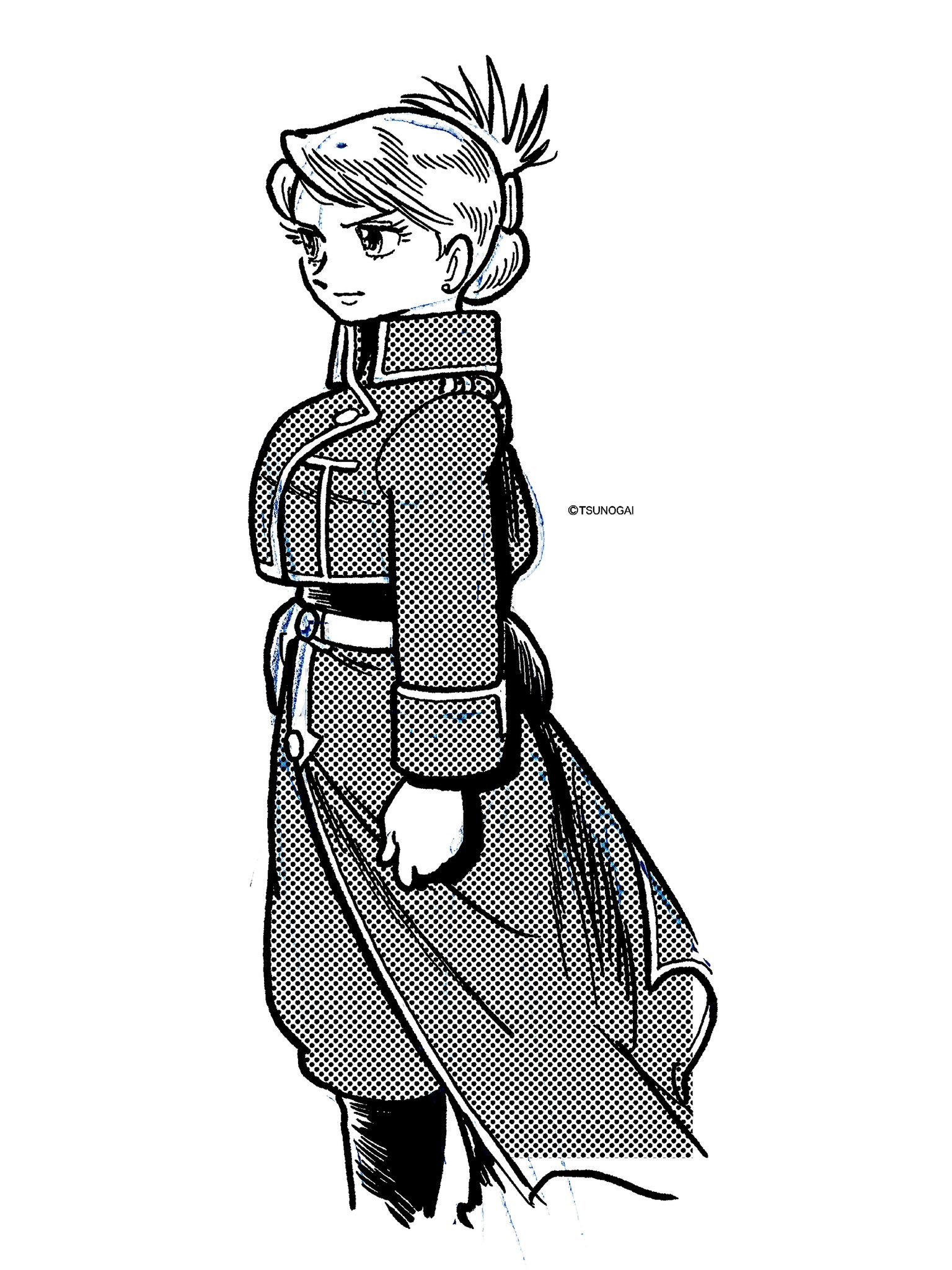 1girl amestris_military_uniform arm_at_side artist_name baggy_pants black_boots black_outline black_undershirt boots breasts buttons clenched_hand closed_mouth copyright_notice cropped_jacket cropped_legs earrings english_text eyelashes feet_out_of_frame folded_ponytail from_side fullmetal_alchemist highres jacket jewelry jpeg_artifacts knee_boots long_sleeves looking_ahead medium_breasts military_jacket outline pants ponytail retro_artstyle riza_hawkeye screentones sketch sleeve_cuffs solo tezuka_osamu_(style) tsunogai undershirt waist_cape white_background