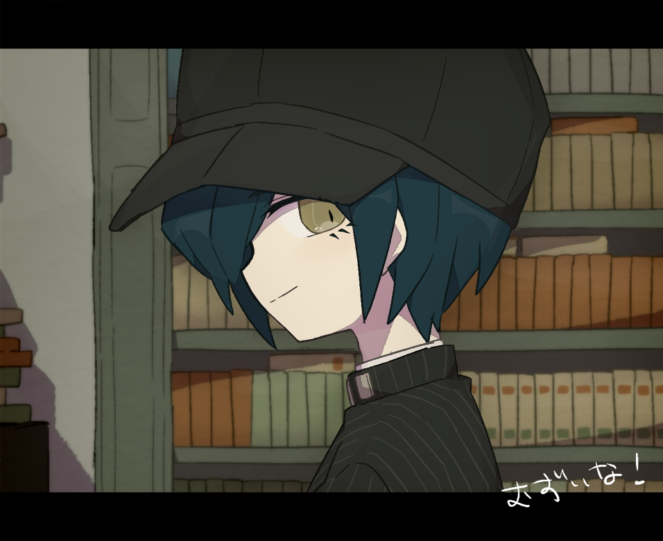 1boy baseball_cap black_hat black_jacket blue_hair book book_stack bookshelf closed_mouth collared_jacket danganronpa_(series) danganronpa_v3:_killing_harmony eyelashes from_side hair_over_one_eye hat high_collar indoors jacket letterboxed library looking_at_viewer male_focus pinstripe_jacket pinstripe_pattern ruri_(2620981) saihara_shuichi short_hair smile solo table translation_request upper_body white_undershirt yellow_eyes