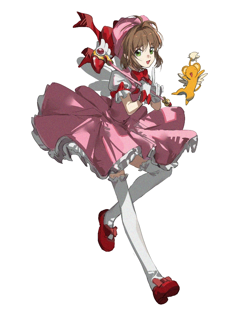 1girl bow bowtie brown_hair cardcaptor_sakura commentary dress forever9_(user_jwem4753) frilled_thighhighs frills full_body fuuin_no_tsue gloves green_eyes hat holding holding_staff kero_(cardcaptor_sakura) kinomoto_sakura kinomoto_sakura_(magician) looking_at_viewer magical_girl mob_cap open_mouth pink_dress pink_hat puffy_short_sleeves puffy_sleeves red_bow red_bowtie red_shoes shoes short_hair short_sleeves simple_background staff thighhighs white_background white_gloves white_thighhighs white_wings wings