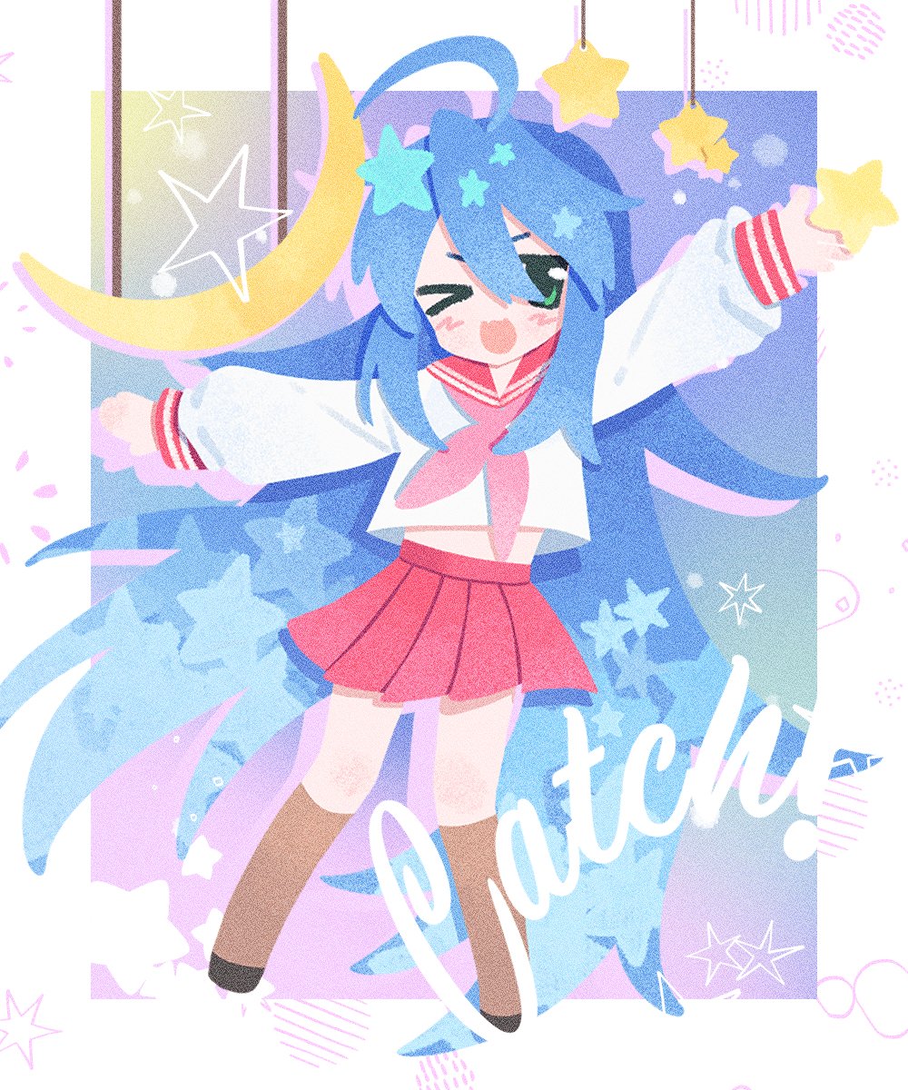 &gt;_o 1girl :3 :d ahoge blue_hair blush border canvas_texture crescent_moon english_text full_body green_eyes hair_between_eyes highres izumi_konata kneehighs kyarv_con long_hair long_sleeves lucky_star midriff mobile moon neckerchief one_eye_closed open_mouth outstretched_arms pink_neckerchief pleated_skirt red_sailor_collar red_skirt ryouou_school_uniform sailor_collar school_uniform serafuku shirt skirt smile socks solo standing star_(symbol) very_long_hair white_border