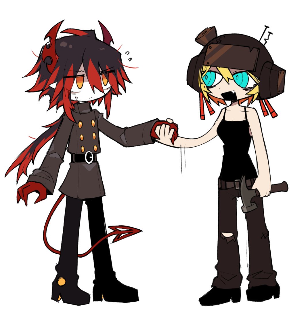 1boy 1girl @_@ bags_under_eyes belt black_belt black_boots black_hair black_shoes black_tank_top blonde_hair boots brown_belt brown_coat brown_pants buttons c'venash_vishneri closed_mouth coat collarbone colored_extremities colored_skin commentary crossover demon_boy demon_horns demon_tail dot_nose english_commentary fang flying_sweatdrops funamusea haiiro_teien hair_between_eyes hammer handshake helmet holding holding_hammer horns ivlis_(funamusea) jitome long_hair looking_at_another low_ponytail motion_lines open_mouth orange_eyes pants pointy_ears ponytail psychopomp_(game) radio_antenna red_eyes red_hands shoes short_hair simple_background tail tank_top torn_clothes torn_pants vyrasyte white_background white_skin