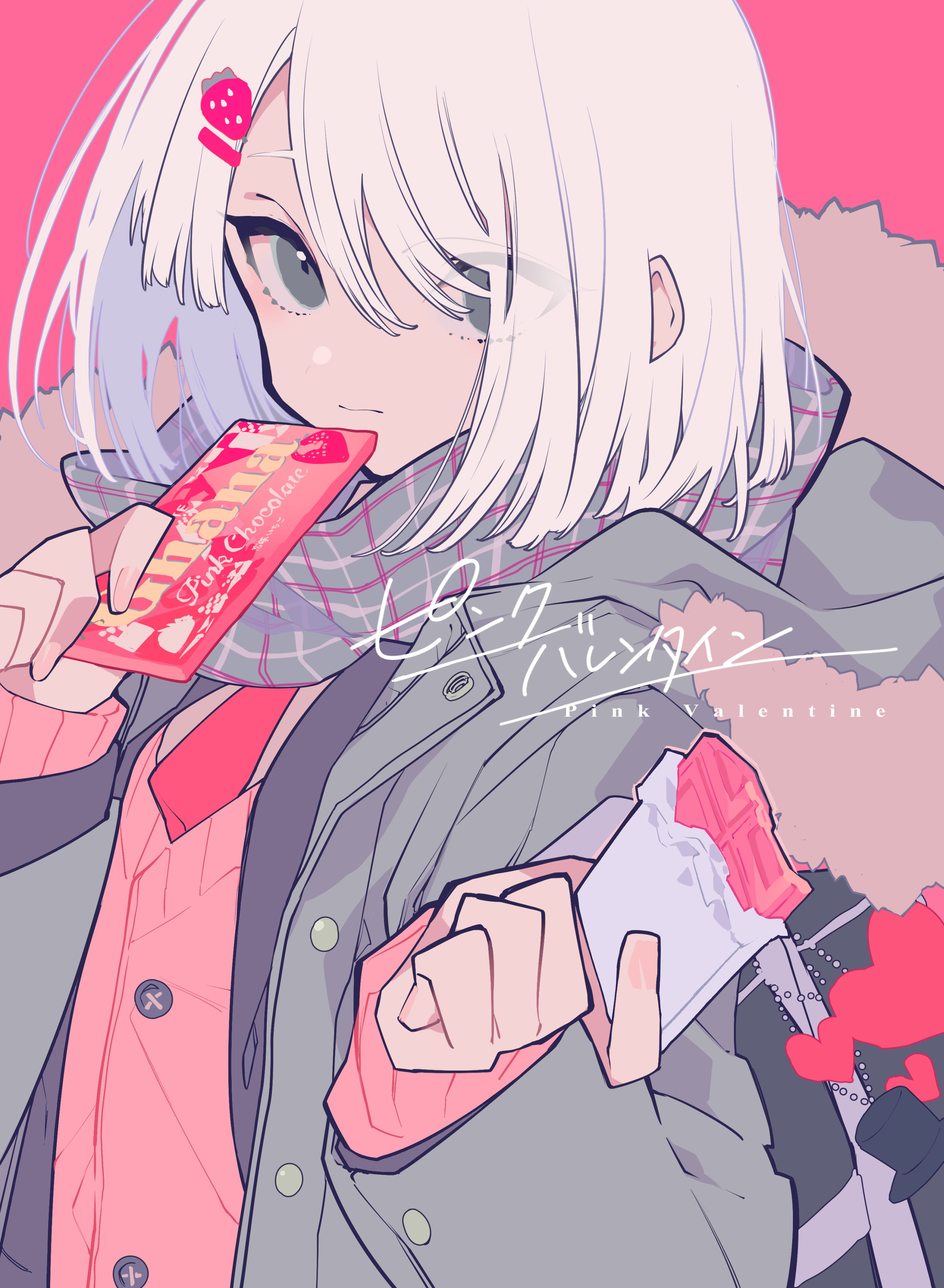 1girl absurdres chocolate eyebrows_hidden_by_hair eyes_visible_through_hair fingernails food food-themed_hair_ornament fur-trimmed_jacket fur_trim ghana_(chocolate) green_jacket grey_eyes hair_ornament heart highres holding holding_chocolate holding_food jacket lotte_(company) medium_hair mochizuki_kei necktie original pink_background pink_nails pink_theme pink_valentine product_placement red_necktie scarf simple_background solo strawberry_hair_ornament valentine white_hair