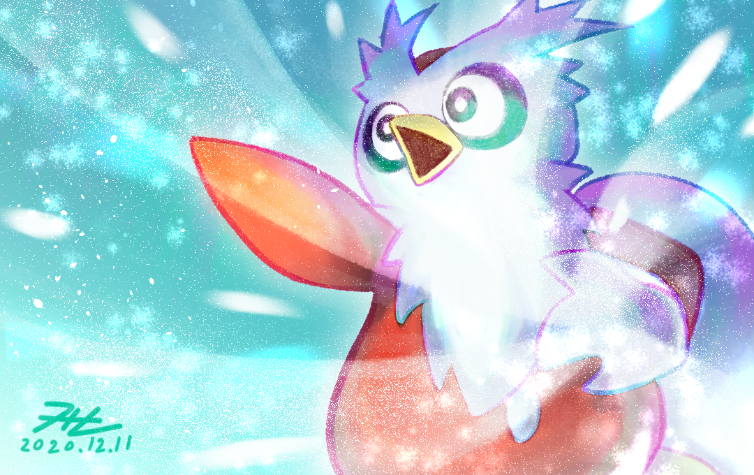 commentary_request dated delibird gen_2_pokemon looking_ahead nintendo no_humans null_suke odaibako open_mouth outstretched_arm pokemon pokemon_(creature) signature snow